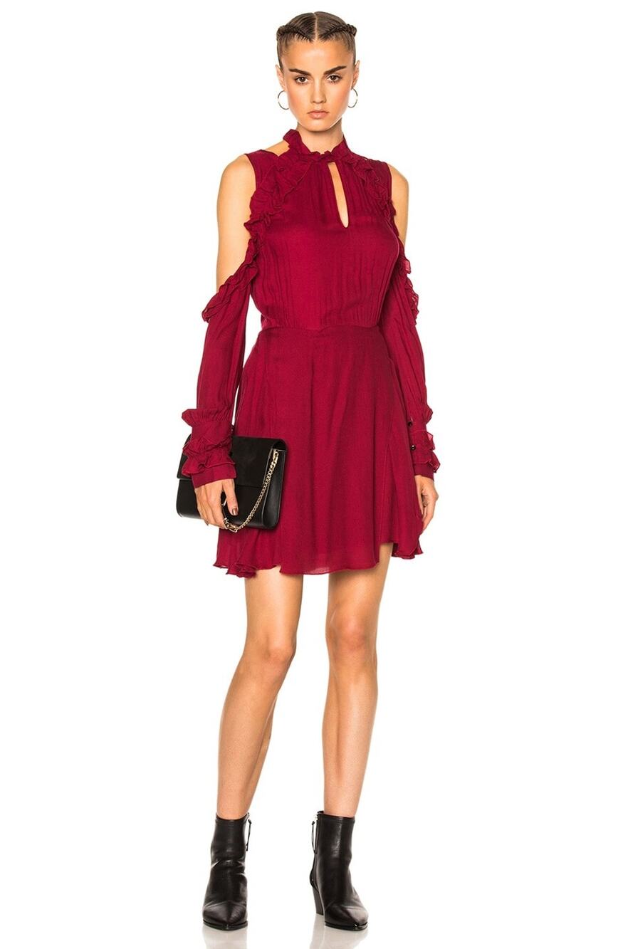 IRO Hanie Dress Womens Wine Cold Shoulder Ruffle Keyhole Mini Dress L/40